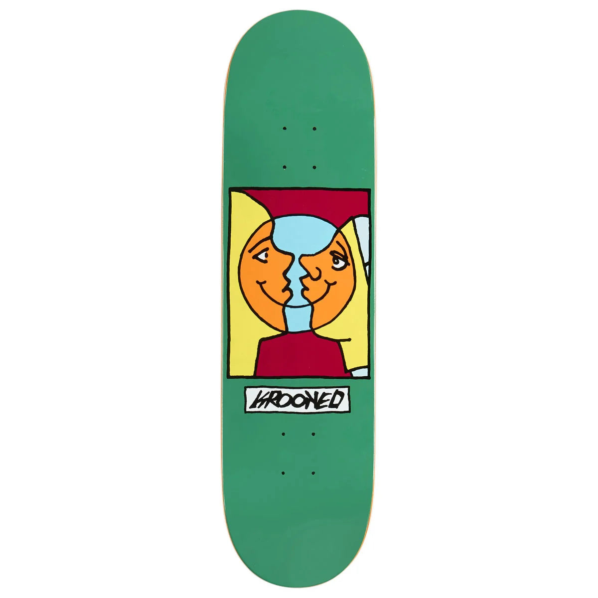 A green skateboard deck featuring a central graphic of two stylized faces sharing a blue glass, with the word 'krooked' printed below in a white box with black lettering.