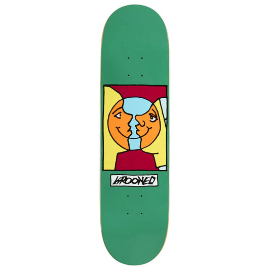 A green skateboard deck featuring a central graphic of two stylized faces sharing a blue glass, with the word 'krooked' printed below in a white box with black lettering.