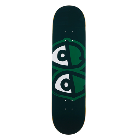 Skateboard deck with a green and white logo on a white background