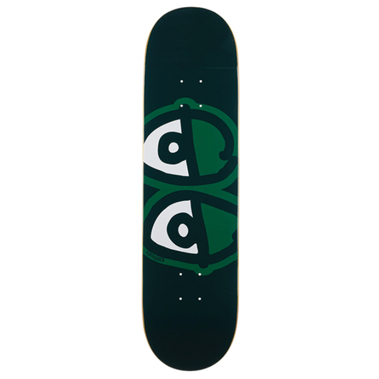 Skateboard deck with a green and white logo on a black background