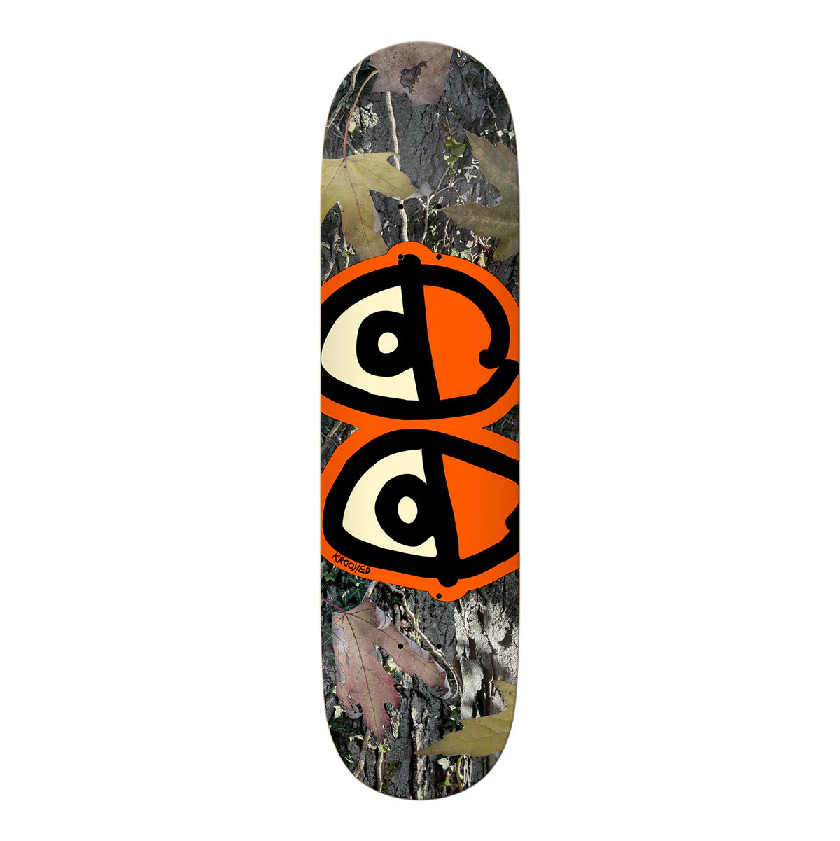 Skateboard deck with a camouflage pattern and orange and black logo on a white background