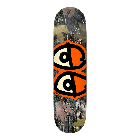 Skateboard deck with a camouflage pattern and orange and black logo on a white background