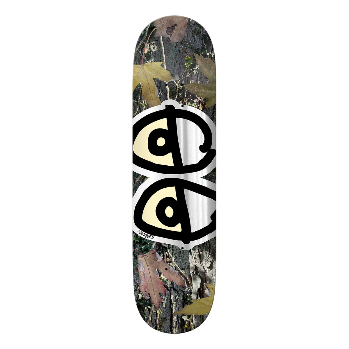 Skateboard deck with a camouflage pattern and a logo on a white background
