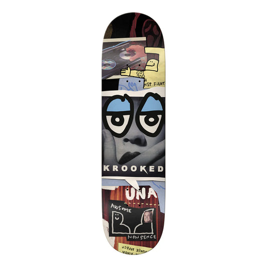 Skateboard deck with colorful design and 'Krooked' branding on a white background