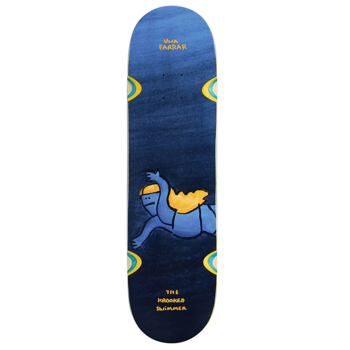 A skateboard deck shown vertically against a plain white background. The deck has a dark blue woodgrain finish with a stylized blue creature wearing a yellow hat and cape, plus yellow and teal graphic accents.
