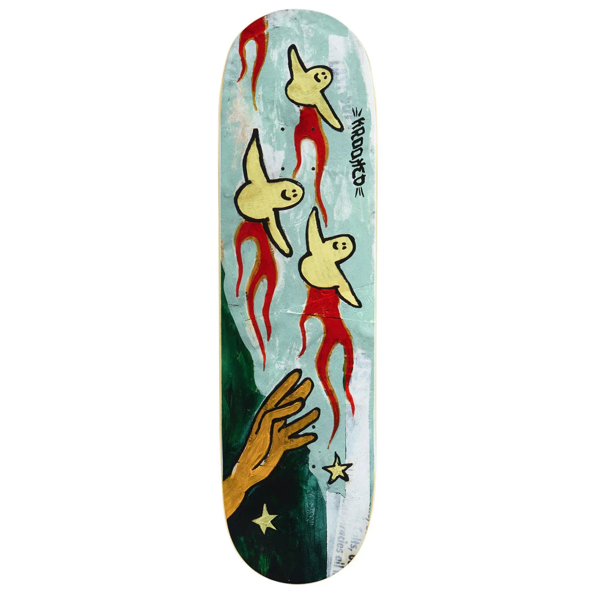 A skateboard deck featuring a surreal graphic design with three yellow birds wearing red robes, a dark green hand reaching up, and gold stars on a split light blue and white background. The brand name 'krooked' is printed vertically on the right side.