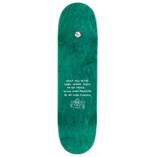 A green skateboard deck with a natural wood grain pattern, featuring white text and graphics on the underside, set against a plain white background.