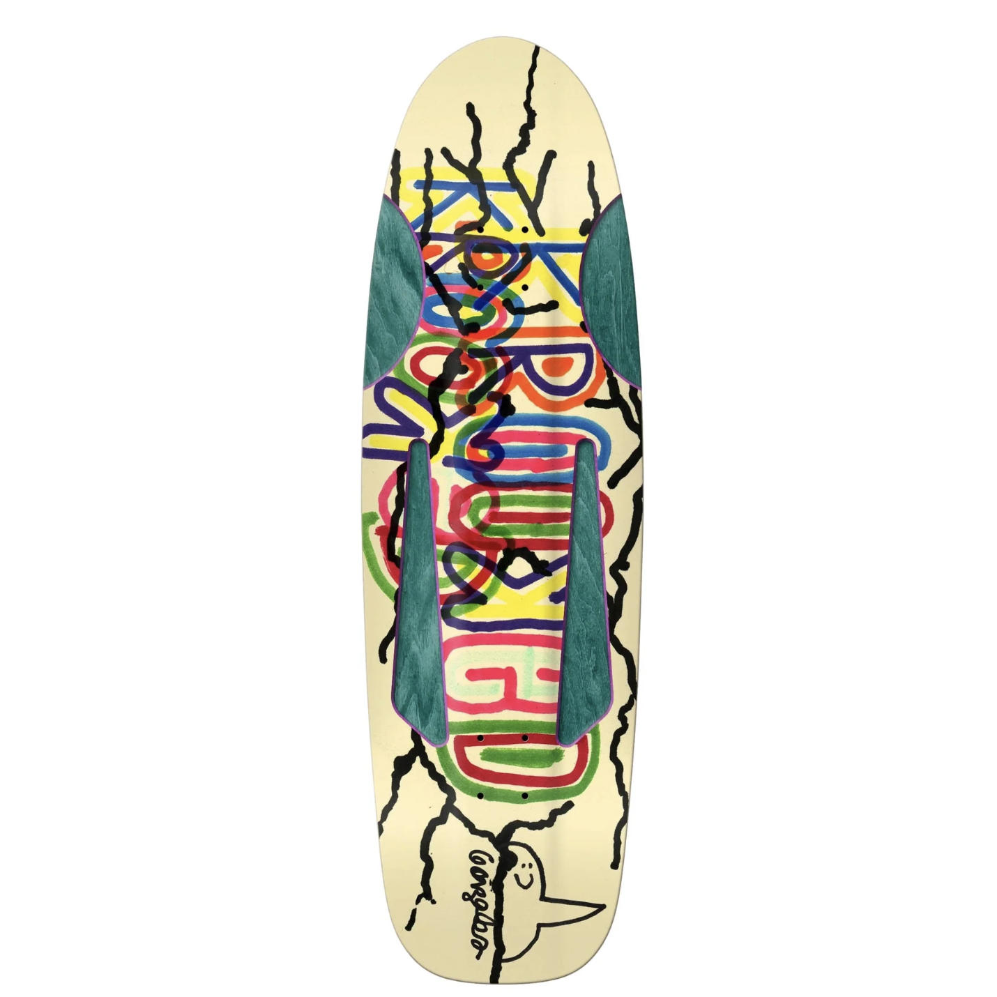 Colorful skateboard deck with abstract design on a white background
