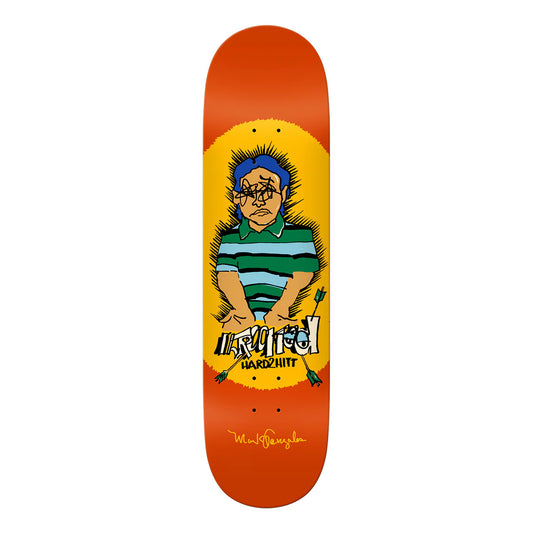 Skateboard deck with a colorful graphic of a person wearing glasses and a striped shirt on an orange background.