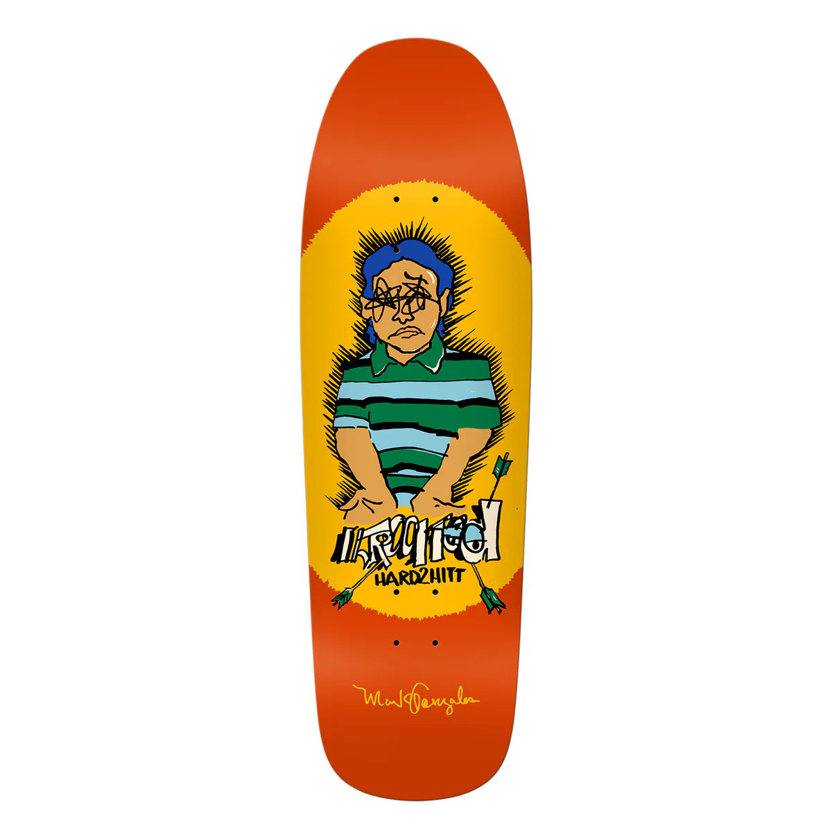 Skateboard deck with a colorful graphic of a person with spiky hair and a green striped shirt on an orange background.