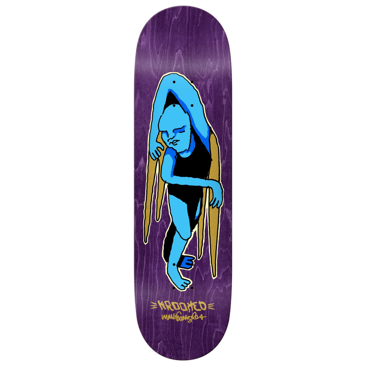 A skateboard deck with a purple wood-grain background featuring a stylized blue cartoon character with yellow hair and the 'KOOOKED' brand logo printed at the bottom.