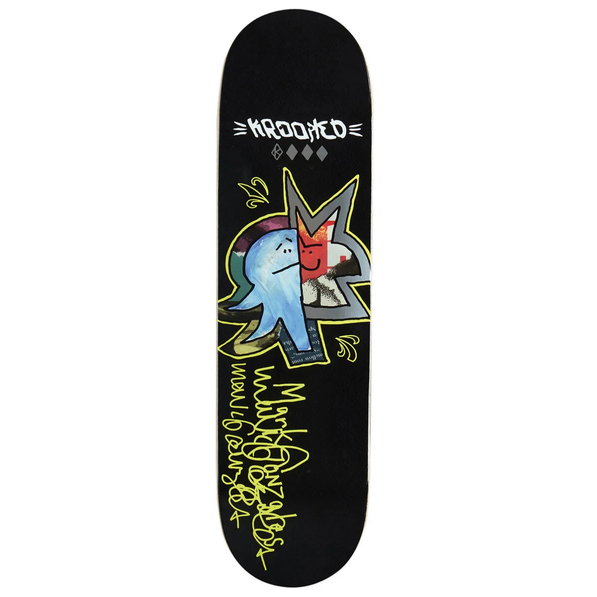 A black skateboard deck featuring a colorful graphic of a blue ghost-like character inside a star, with yellow graffiti-style text and the brand name 'KROOKED' printed at the top.