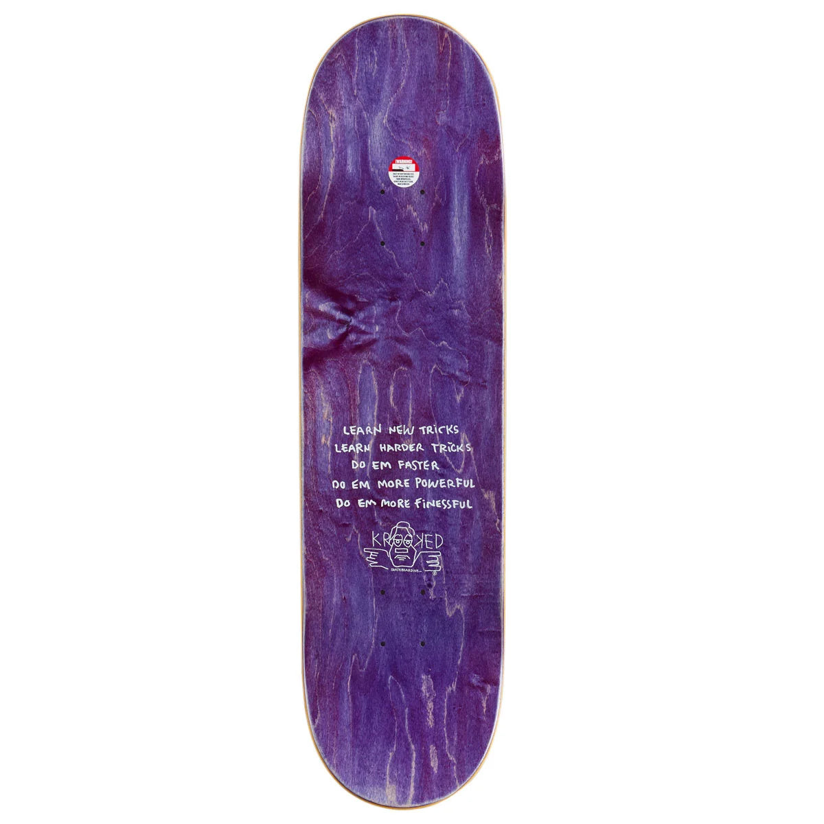 A purple skateboard deck with a wood-grain texture, featuring white handwritten text and a small graphic near the bottom, shown against a plain white background.