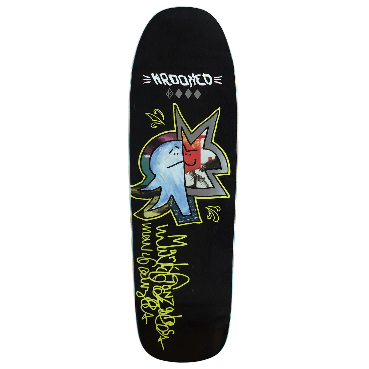 A black skateboard deck featuring a colorful graphic of a blue ghost-like character inside a star, with yellow graffiti-style text and the brand name 'kROOKED' printed at the top.