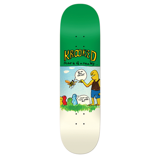 Skateboard deck with a colorful design featuring a character and text on a white background