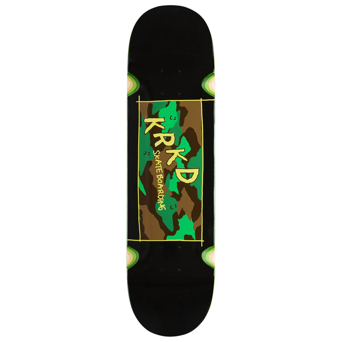 A skateboard deck shown from the underside, featuring a black base with a central graphic panel. The graphic has a green and brown camouflage pattern with yellow Japanese text and a yellow border.