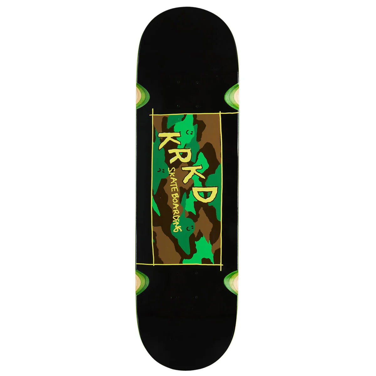 A skateboard deck shown from the underside, featuring a black background with a central camouflage-style graphic panel in green, brown, and black, outlined in gold with stylized yellow text. Small green circular graphics appear near the wheels.