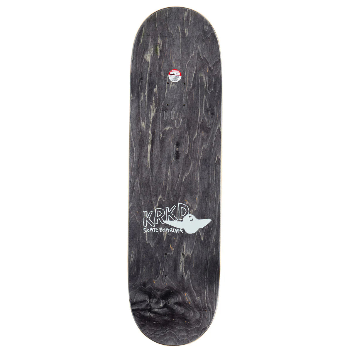 A dark wood skateboard deck with a black and gray grain pattern, featuring a white 'KRPD Skateboards' logo and a small red and white sticker near the nose, shown against a plain white background.
