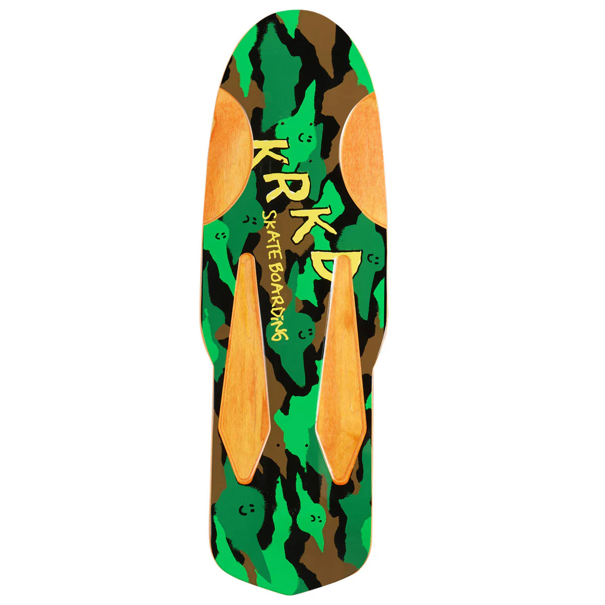 A skateboard deck featuring a green, brown, and black camouflage pattern with light brown wood-grain style grip tape overlays and yellow 'PARK' branding.