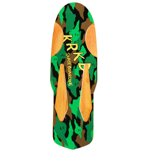 A skateboard deck featuring a green, brown, and black camouflage pattern with light brown wood-grain style grip tape overlays and yellow 'PARK' branding.