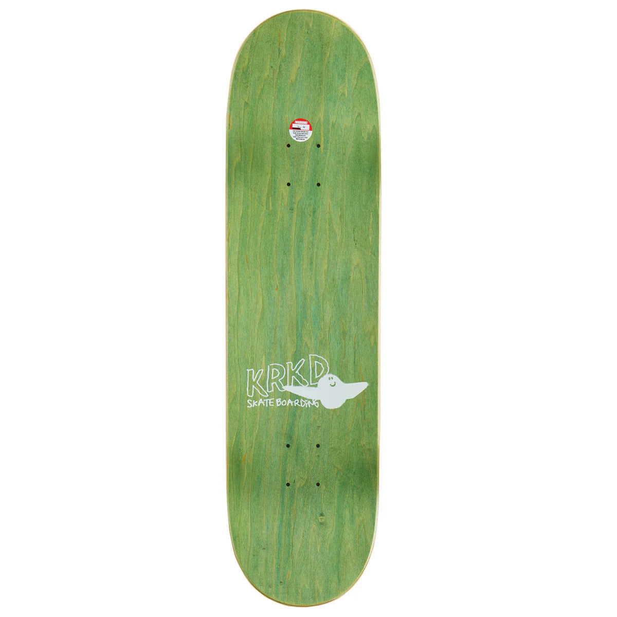 A green wooden skateboard deck with a white graphic logo reading 'KRKD SKATEBOARDS' and a white bird silhouette, shown against a plain white background.