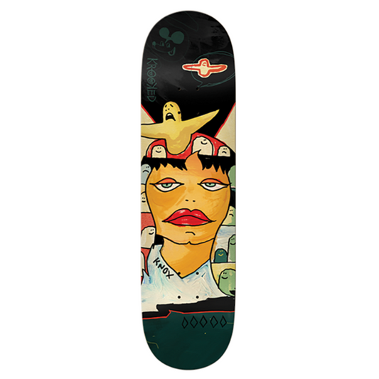 Skateboard deck with artistic design of a woman's face and a bird on her head, on a white background.