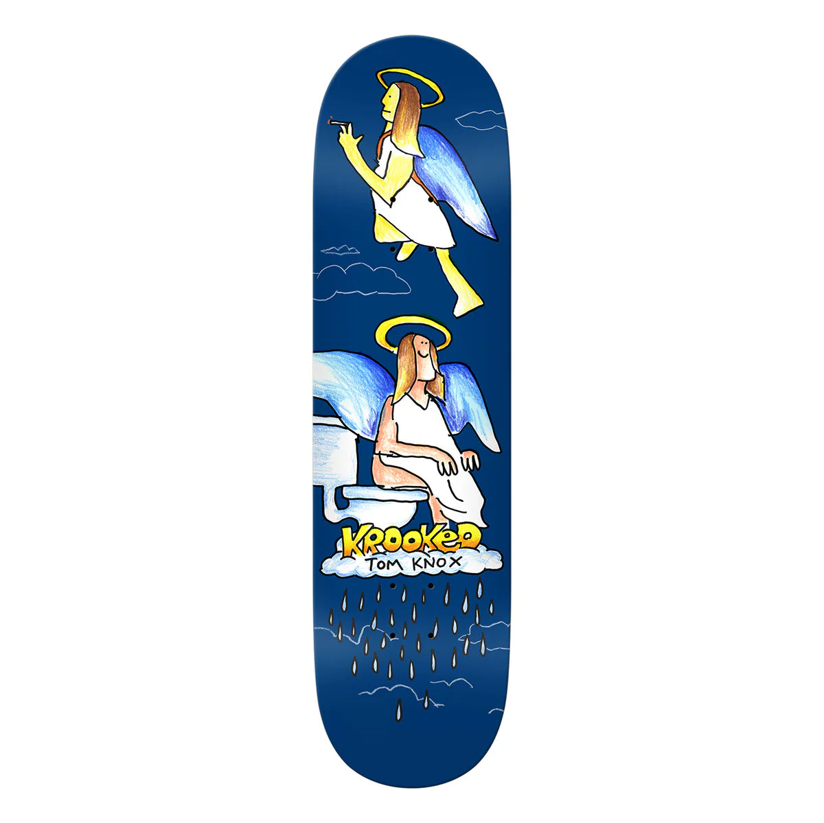 Skateboard deck with angel design and 'Keoaked' branding on a white background
