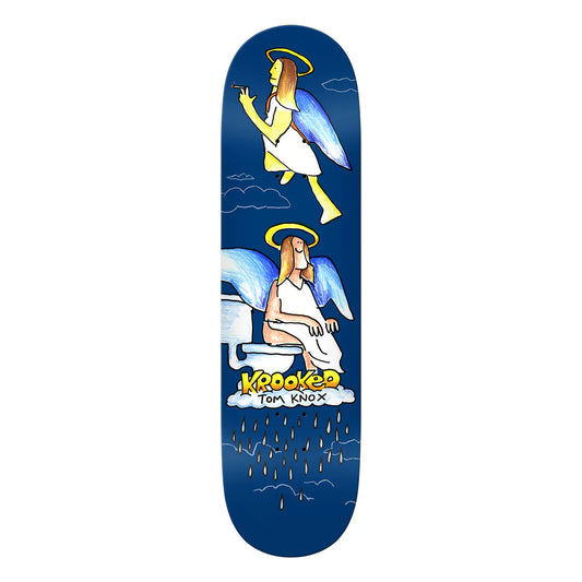 Skateboard deck with angel design and 'Keoaked' branding on a white background
