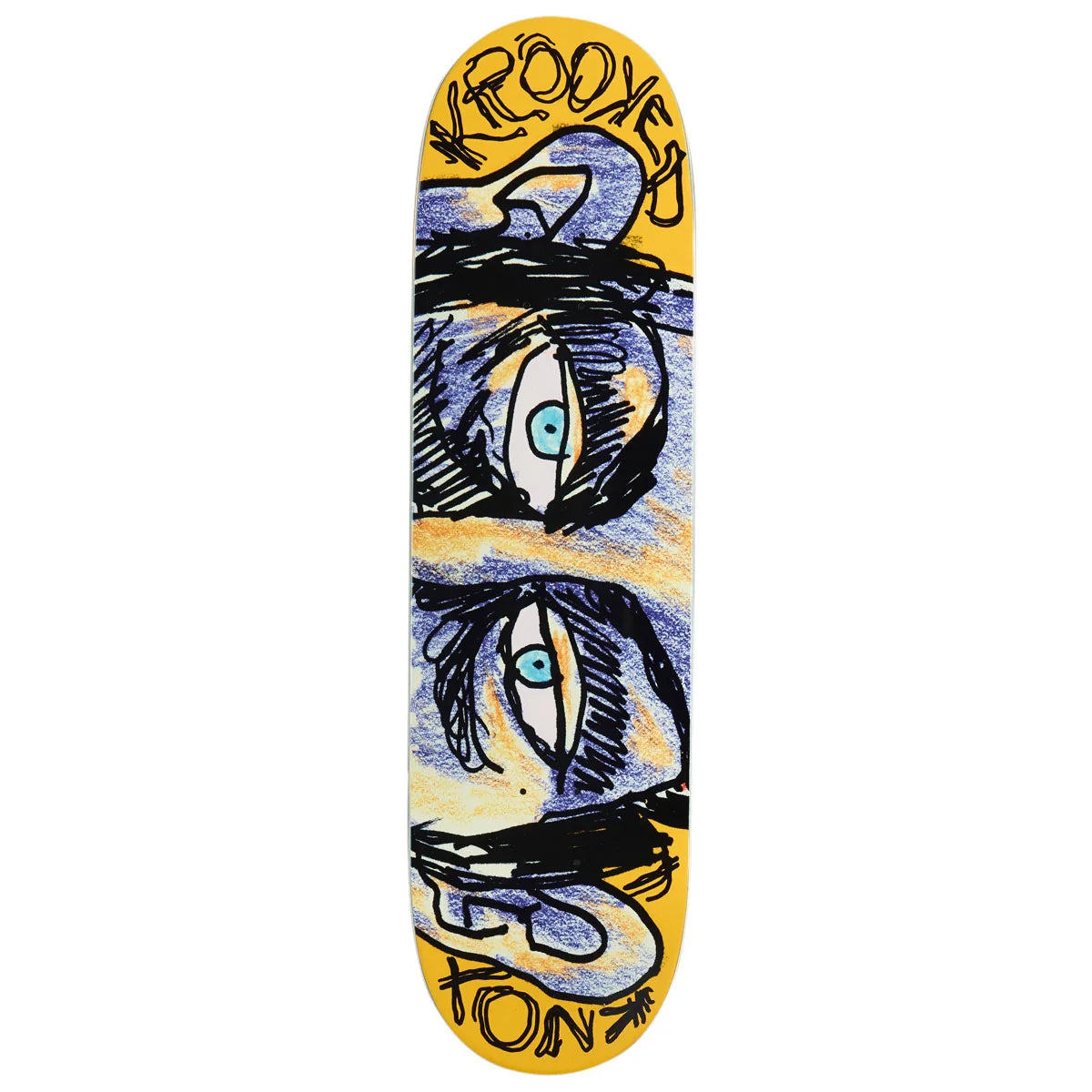 A skateboard deck with a bright yellow background and a stylized graphic of two large blue and black eyes with light blue irises. The words 'krooked' and 'knox' are written in black graffiti-style lettering at the top and bottom.
