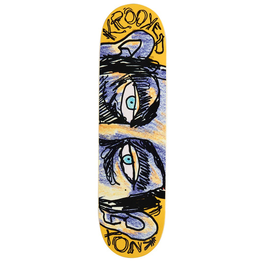 A skateboard deck with a bright yellow background and a graphic design of two stylized eyes with blue, black, and white details. The words 'krooked' and 'knox' are written in a graffiti-style font at the top and bottom.
