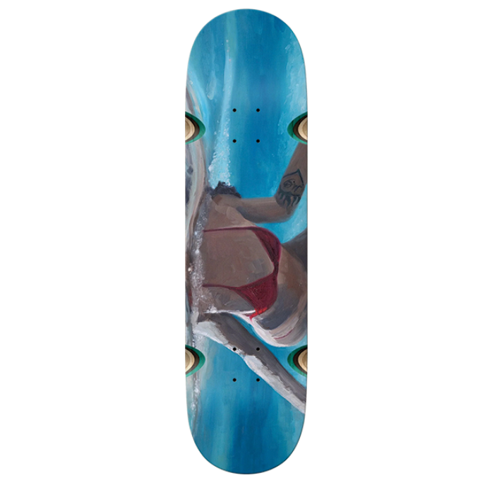 Skateboard deck with a blue and gray design on a white background