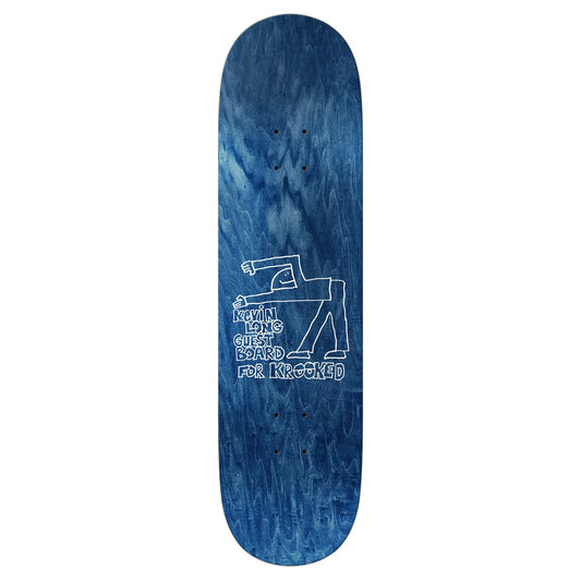 Blue skateboard deck with white graphics and text on a white background