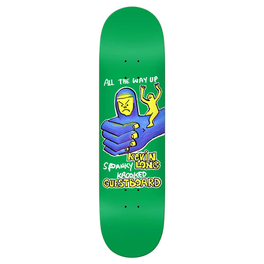 Skateboard deck with colorful graphic design on a green background
