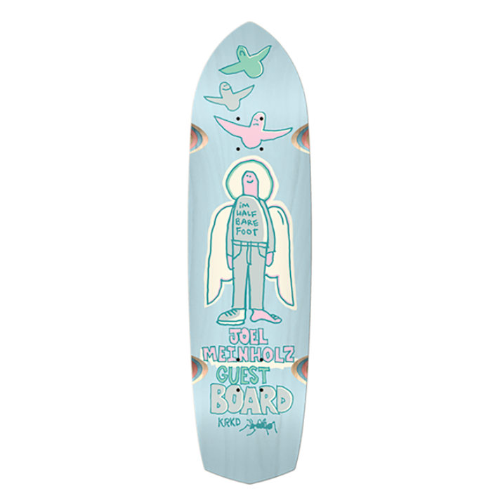 Skateboard deck with a colorful design on a white background