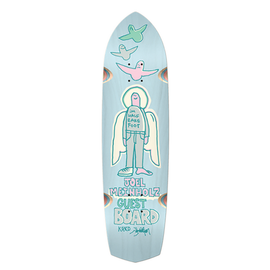 Skateboard deck with a colorful design on a white background