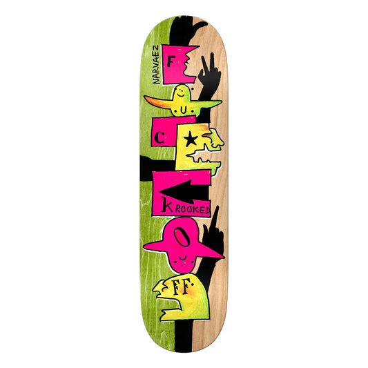 Skateboard deck with colorful graphics and text on a white background