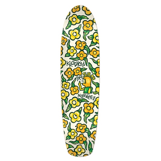 Skateboard deck with yellow floral pattern on a white background