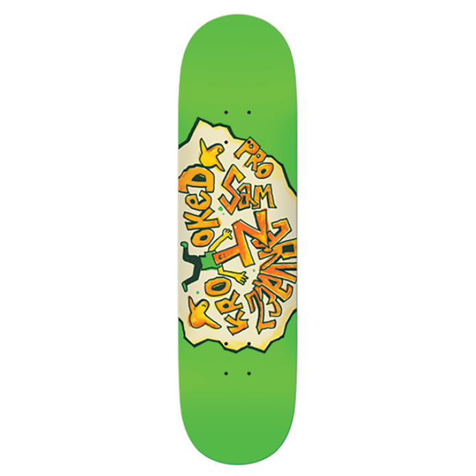 Skateboard deck with colorful graphics on a green background