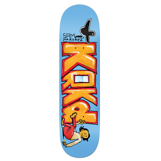 Skateboard deck with colorful graphics and text on a white background