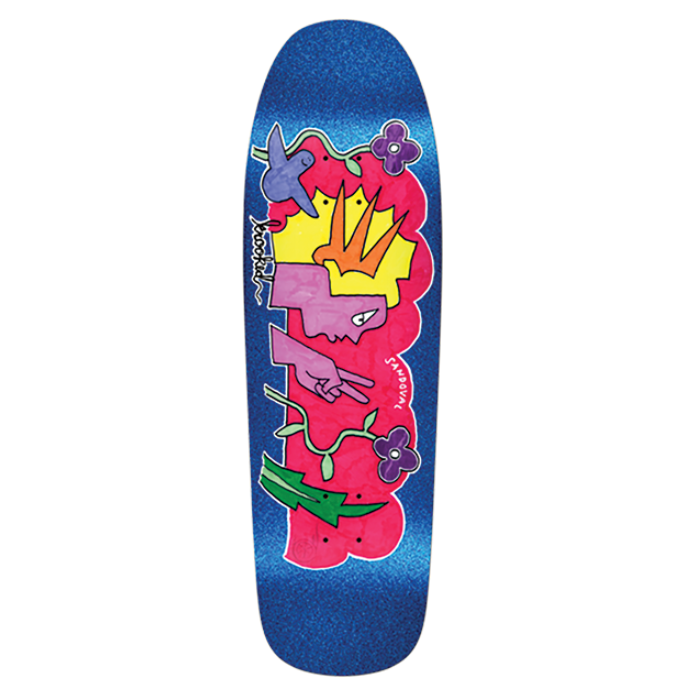 Colorful skateboard deck with abstract design on a white background