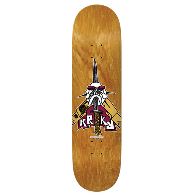 Skateboard deck with a graphic design on a white background