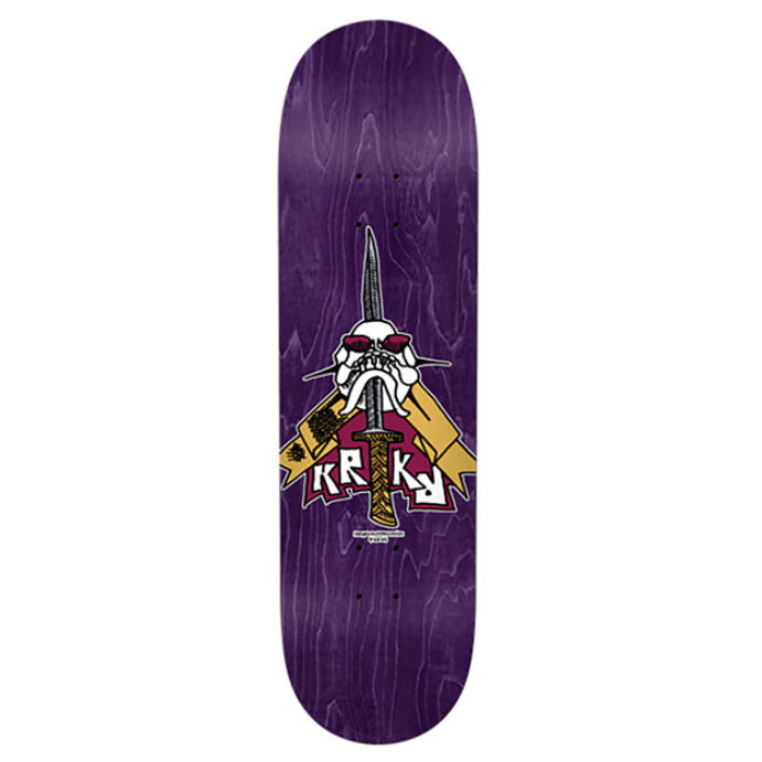 Skateboard deck with a purple background and colorful design on a white background