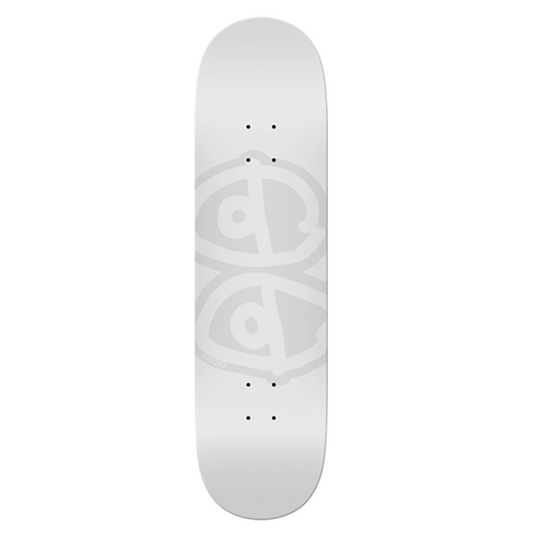 White skateboard deck with a logo on a white background