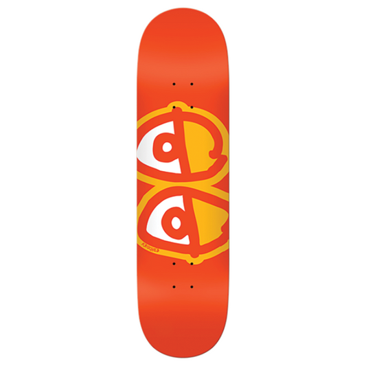 Red skateboard deck with a yellow and white logo on a white background