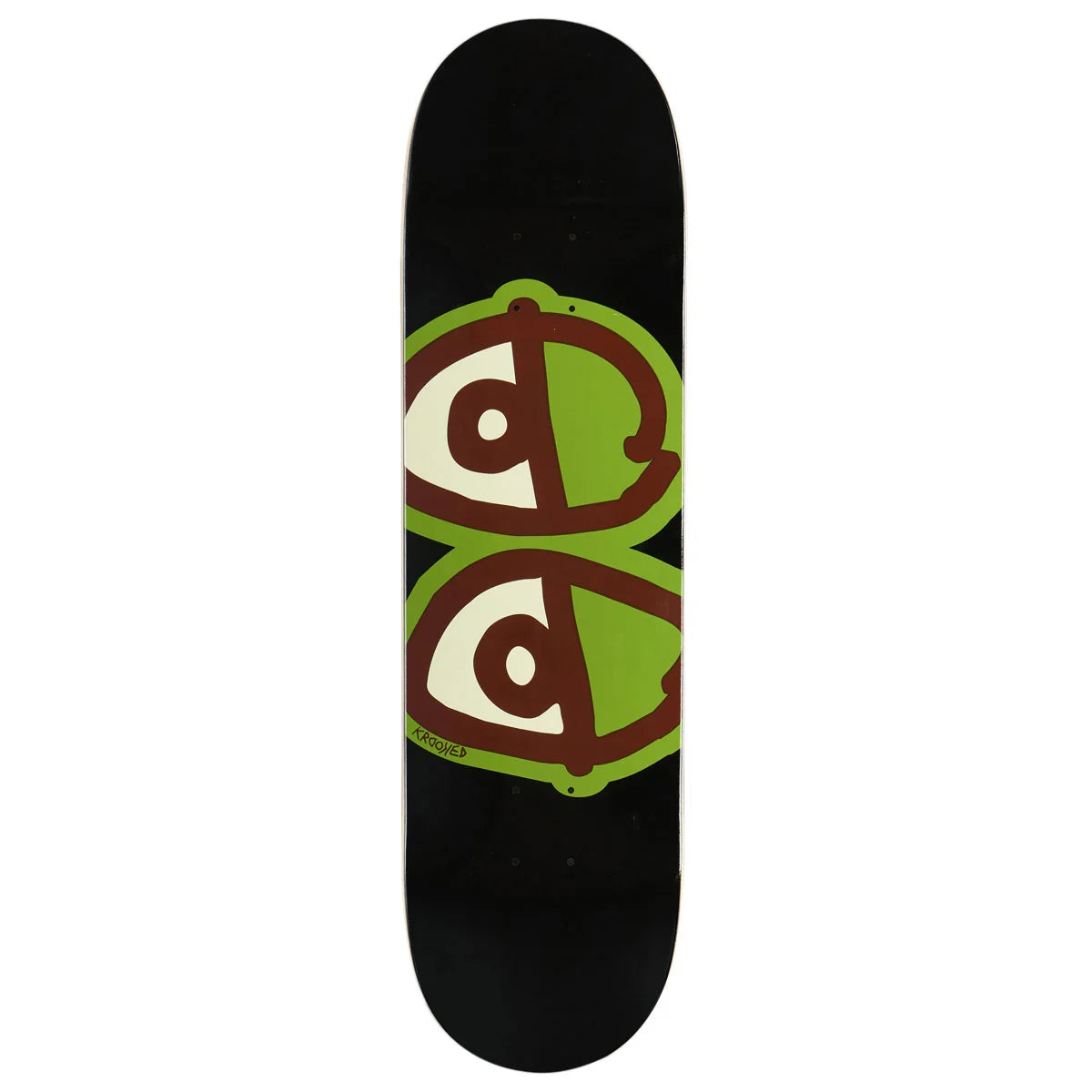 A skateboard deck with a black background and a graphic of two stylized green eyes with brown outlines and cream centers.