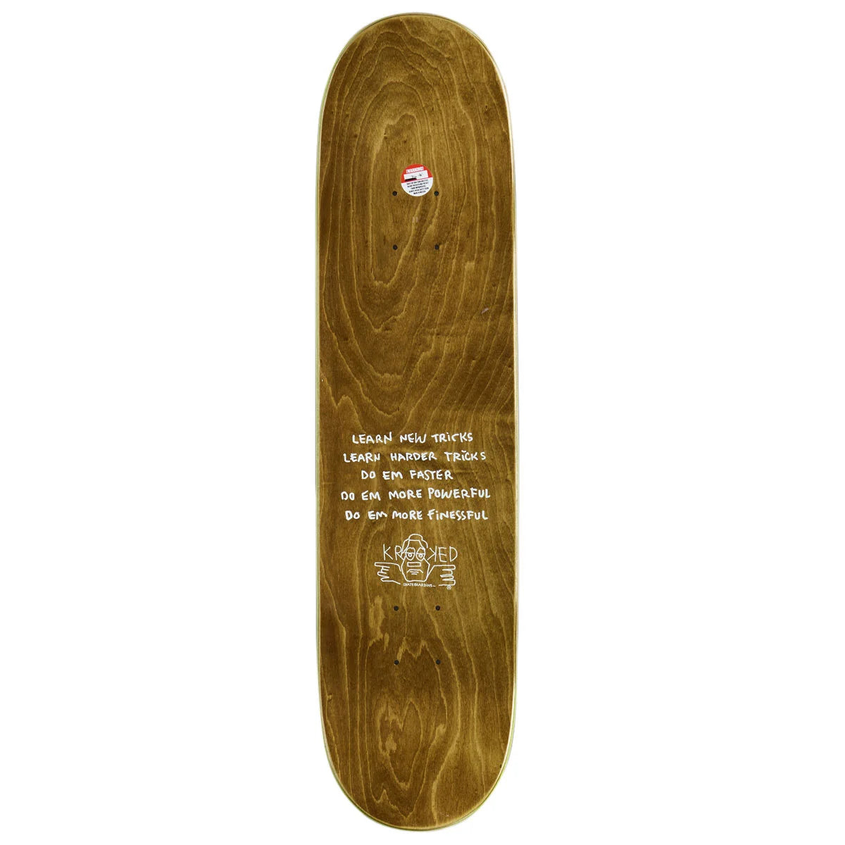 The underside of a skateboard deck featuring a natural brown wood grain finish with white printed text and a graphic near the center, shown against a plain white background.