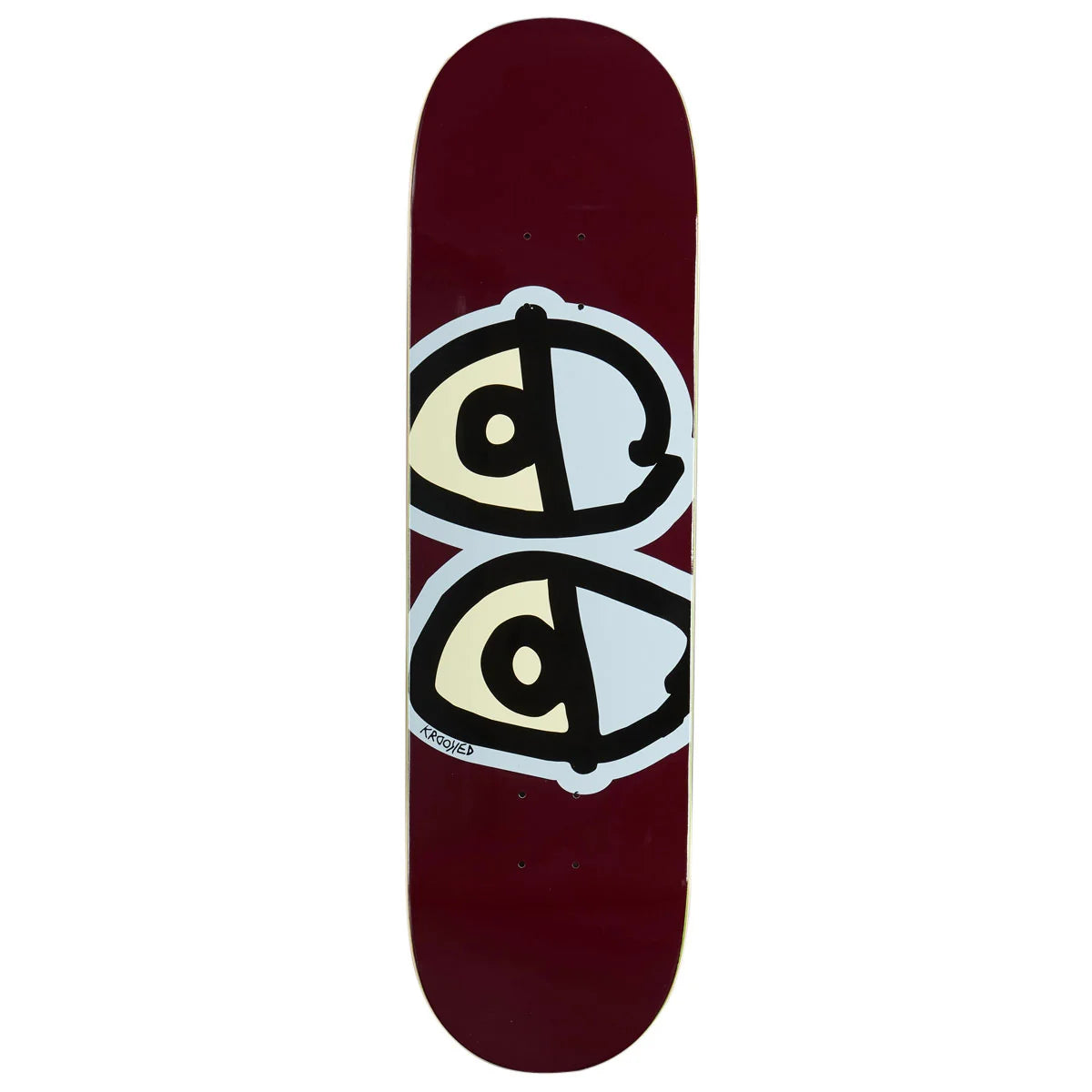 A skateboard deck with a deep burgundy background, featuring a large graphic of two stylized eyes in cream, black, and white on the underside.