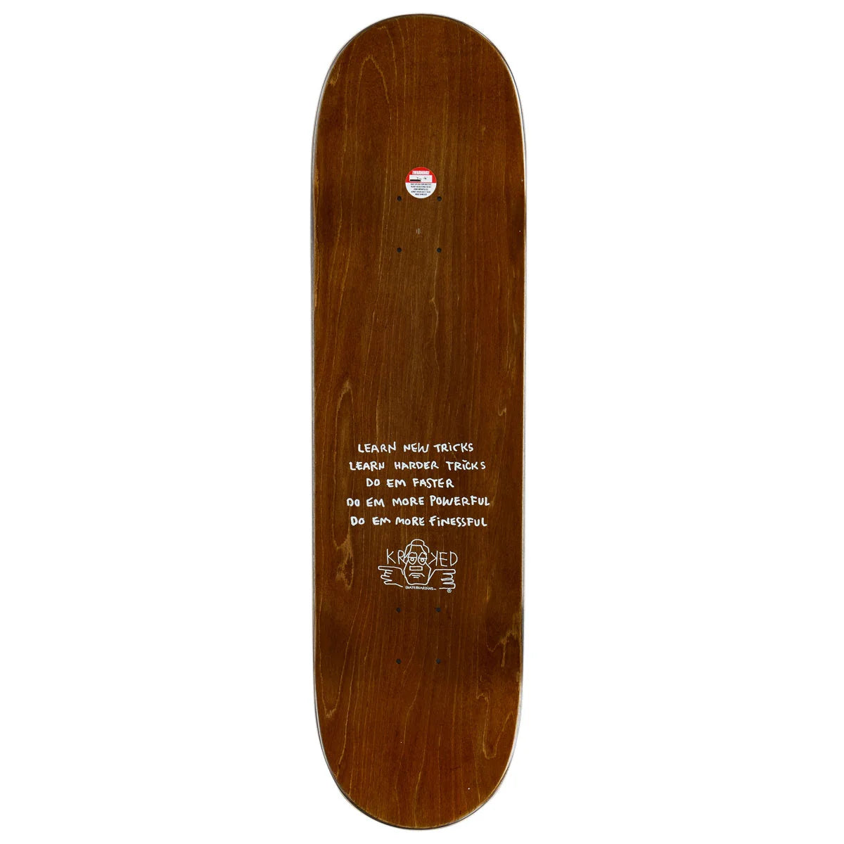 A wooden skateboard deck shown from the underside against a plain white background. The deck has a warm brown wood grain finish with white printed text and a small red, white, and blue sticker near the top edge.