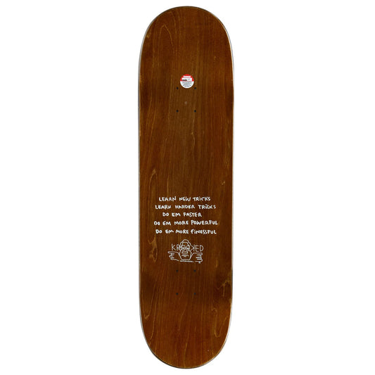 A wooden skateboard deck shown from the underside against a plain white background. The deck has a warm brown wood grain finish with white printed text and a small red, white, and blue sticker near the top edge.