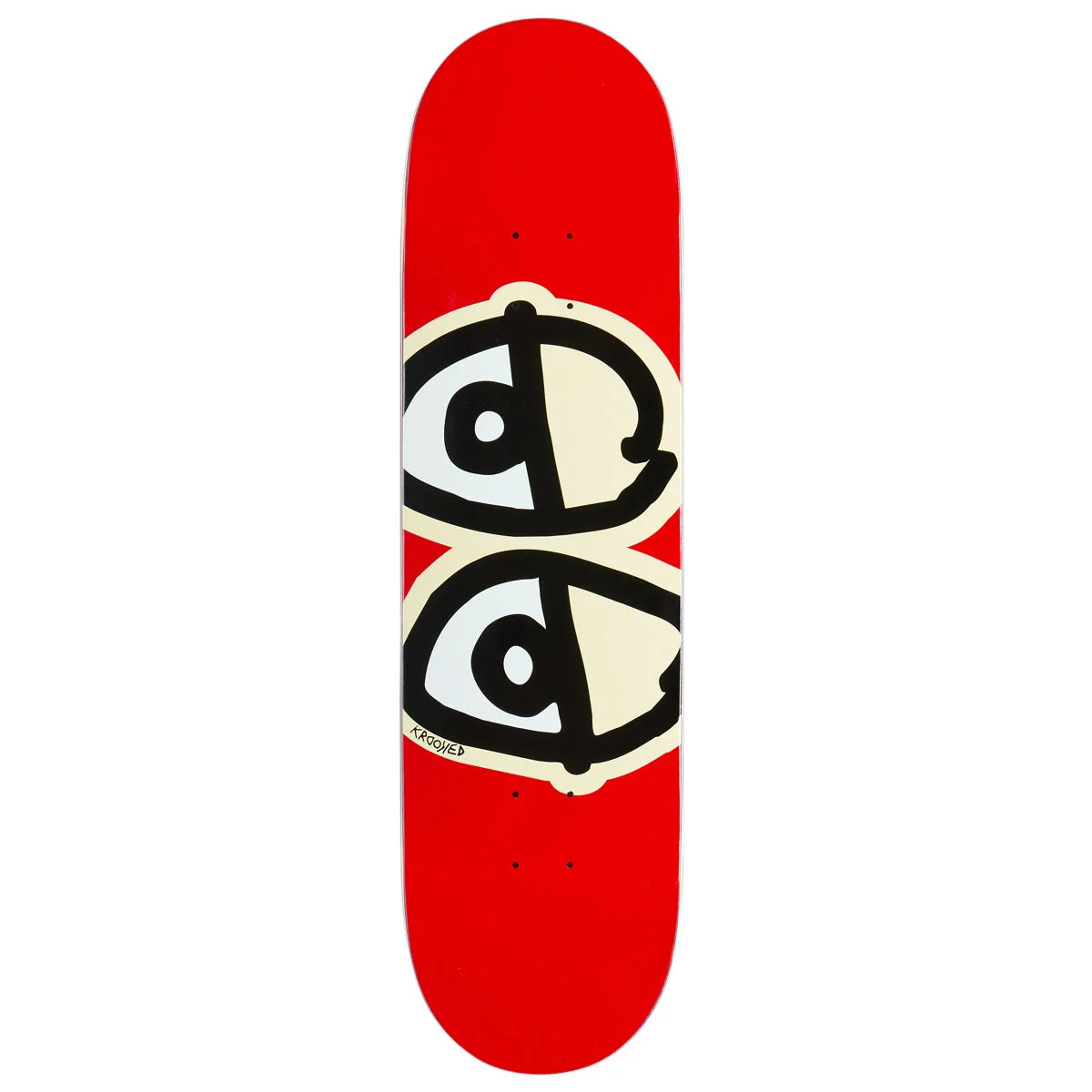 A red skateboard deck featuring a graphic of two stylized eyes in black and cream, with the 'Skateboards' brand name printed near the bottom.